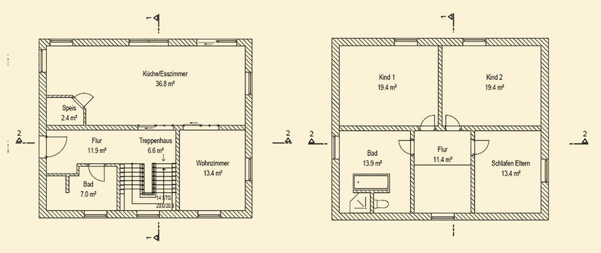 3 Grundrisse des Beispielgebäudes (links: EG, rechts: OG)