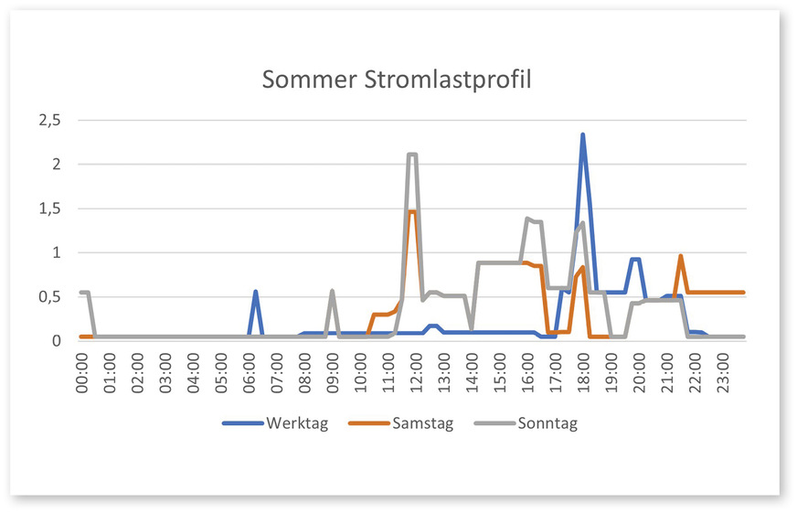 1 Die Lastprofile von Sommer und Winter unterscheiden sich durch die Grundlast. Bei beiden Profilen zeigen sich Spitzen an Werktagen abends und am Wochenende eher zur Mittagszeit.