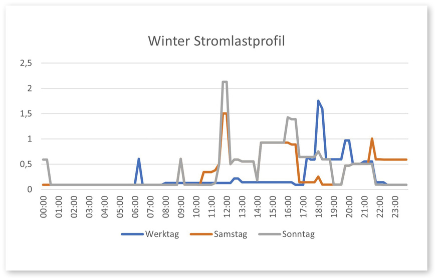 2 Das winterliche Stromlastprofil zeigt eine höhere Grundlast aufgrund der vollelektrischen Erzeugung von Heizwärme.