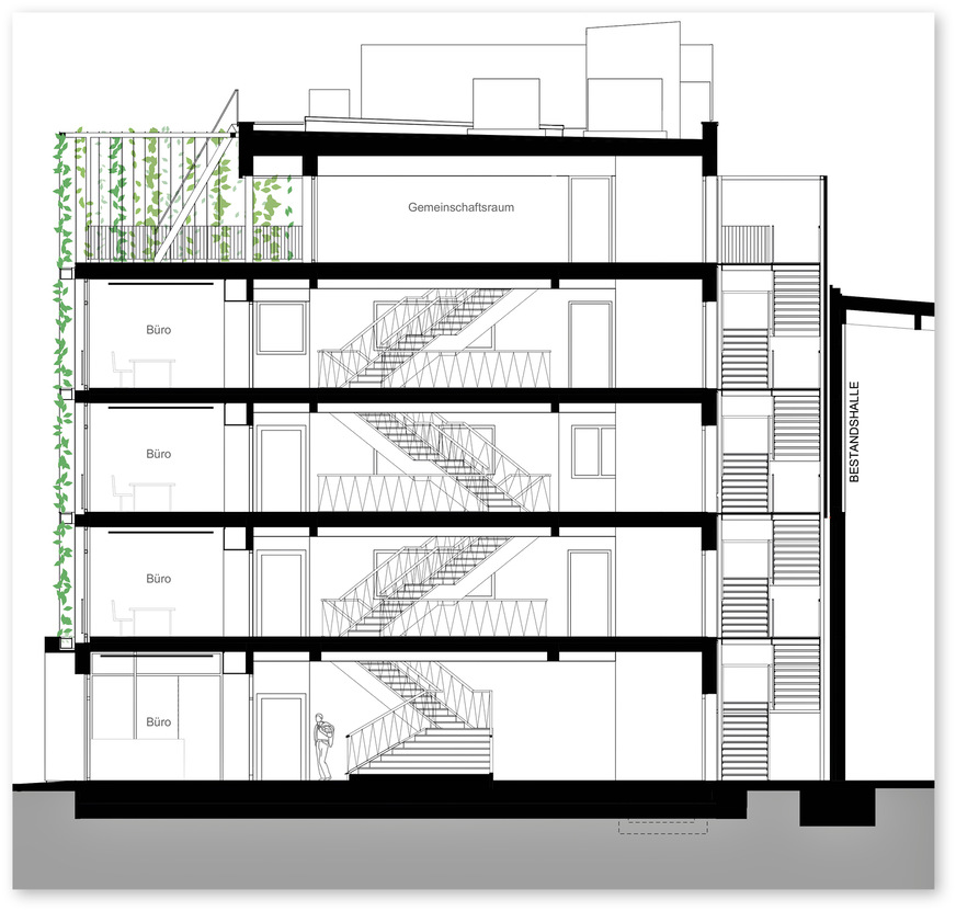 Die Treppe im Atrium darf viel Raum einnehmen, die zusätzliche Treppe in der Fuge ist als Fluchtweg angelegt.