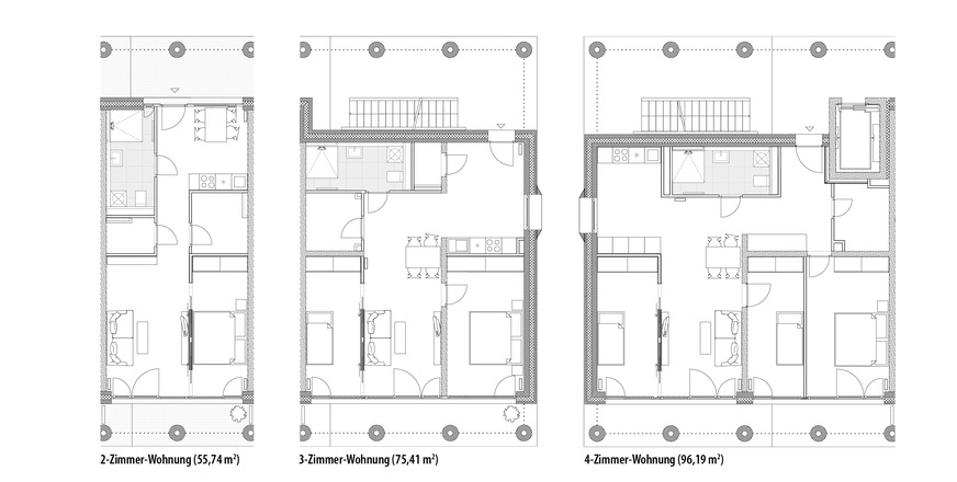 8 Drei Grundrisstypen, drei Wohnungsgrößen: Schiebetüren bei den zur Balkonseite orientierten Räumen erlauben individuelle Einrichtungskonzepte.