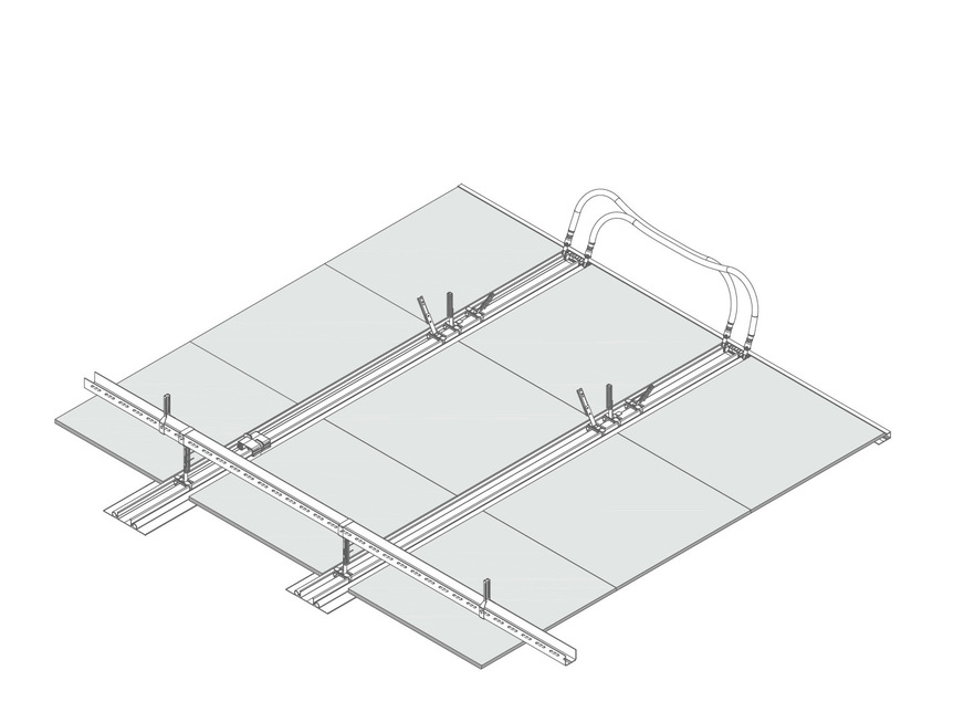 Klimadecke, bestehend aus leitungsführenden M﻿etallschienen und dazwischen eingehängten, mineralischen Platten