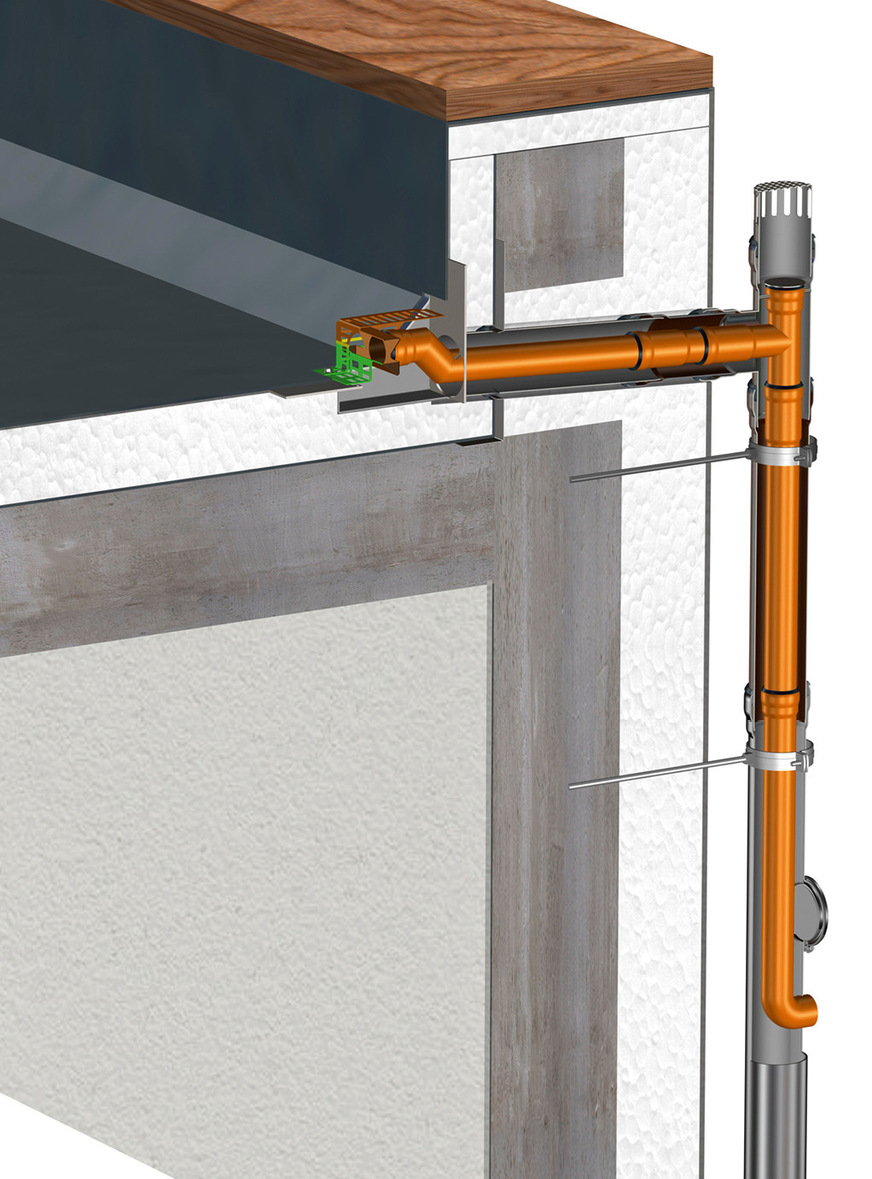 Attikaentwässerung: Das Niederschlagswasser wird durch die Attika hindurch in das Fallrohr geführt. An der Durchdringung kann eine Wärmedämmung sinnvoll sein.