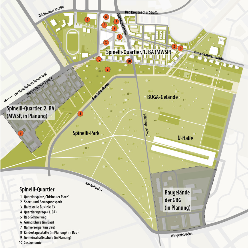 2 ﻿Der erste Bauabschnitt (BA) im Norden des Spinelli-Areals ist nahezu fertiggestellt. Der zweite BA startet 2025. Die GBG plant im Süden neun Gebäude in Holzhybridbauweise, die Kasernengebäude rund um den Spinelli-Platz bleiben erhalten.
