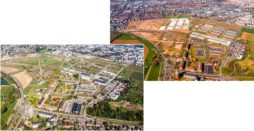 3 Das Spinelli-Areal vor und nach der Konversion: Der erste Bauabschnitt des neuen Quartiers arrondiert den Stadtteil Käfertal-Süd (in der Luftaufnahme oben Mitte), und das Gelände der BUGA 2023 ersetzte die tristen Baracken des einstigen Militärstandortes durch eine riesige grüne Parkanlage.