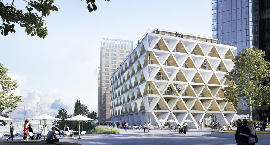 Derzeit entsteht im Düsseldorfer Medienhafen das von Interboden entwickelte Holzhybrid-Bürogebäude The Cradle. Das Gebäude wurde schon als Materiallager der Zukunft konzipiert: Beim Austausch einzelner Teile oder auch im Fall des Abrisses können fast alle verbauten Elemente recycelt werden.