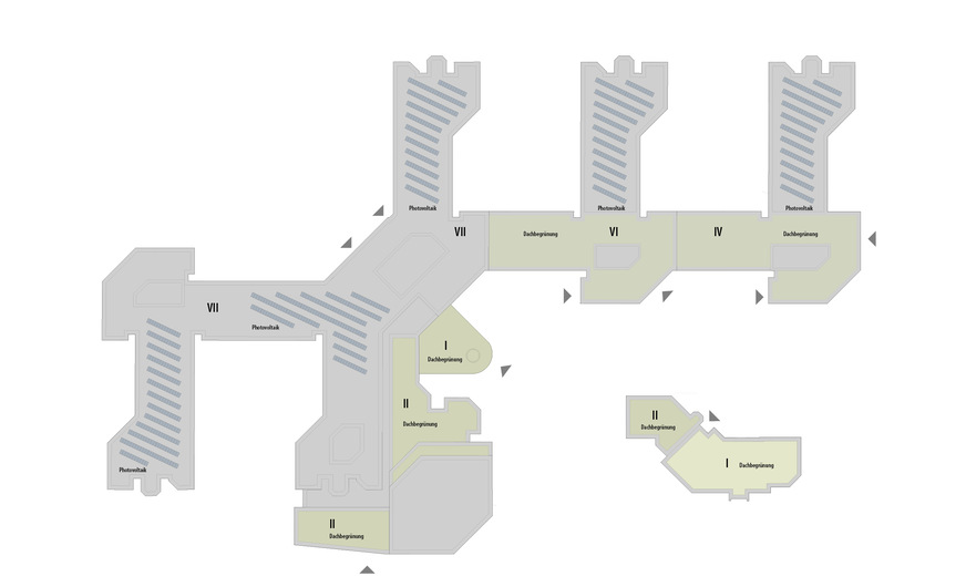 3 Die fünf Finger des Verwaltungskomplexes mit ihren Fluchttreppenhäusern an den Kuppen prägen die Architektur des Gebäudes. Die Flachdächer sind teilweise begrünt und üppig mit PV-Modulen versehen.﻿
