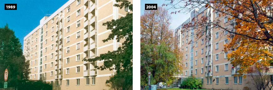 3 An der Westfassade eines Seniorenwohnheims in München, 1989 mit 60 Millimeter WDVS auf Mineralwollebasis versehen, zeigen sich 2004 lediglich -Vergrauungen durch Besiedelung mit Mikroorganismen.
