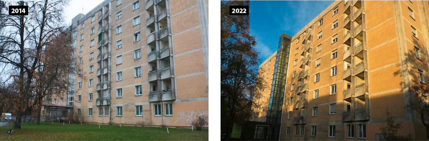 4 Westfassade des Münchner Seniorenwohnheims in den Jahren 2014 und 2022: Die Vergrauung schreitet fort, funktionsrelevante Mängel sind nicht festzustellen, obwohl seit 1989 keine Überarbeitung erfolgt ist.