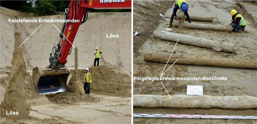1 In einem Steinbruch hat das Forschungsinstitut Solites lagenweise für wissenschaftliche Untersuchungen erstellte Erdwärmesonden ausgraben lassen (links) und die Abschnitte mehrerer freigelegter Erdwärmesonden unterschiedlicher Ausführung für die Analyse vorbereitet.