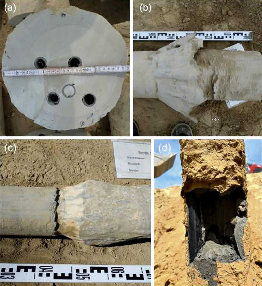 2 Details der freigelegten Erdwärmesonden: (a) Querschnitt einer Erdwärmesonde mit Zentrierhilfe, (b) beim Anbau der Verrohrungssegmente durch einen Druckstoß hervorgerufene schirmartige Ausprägung im Verfüllmaterial, (c) Übergang von einem verrohrten zu einem nicht verrohrten Bereich, (d) Lunker oberhalb des Schichtübergangs von Löss zu Kalkstein