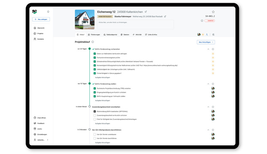 Die Software von Grundsteine erkennt Fristen für den Ablauf einer Förderung und legt diese selbstständig in einem Projekt an.