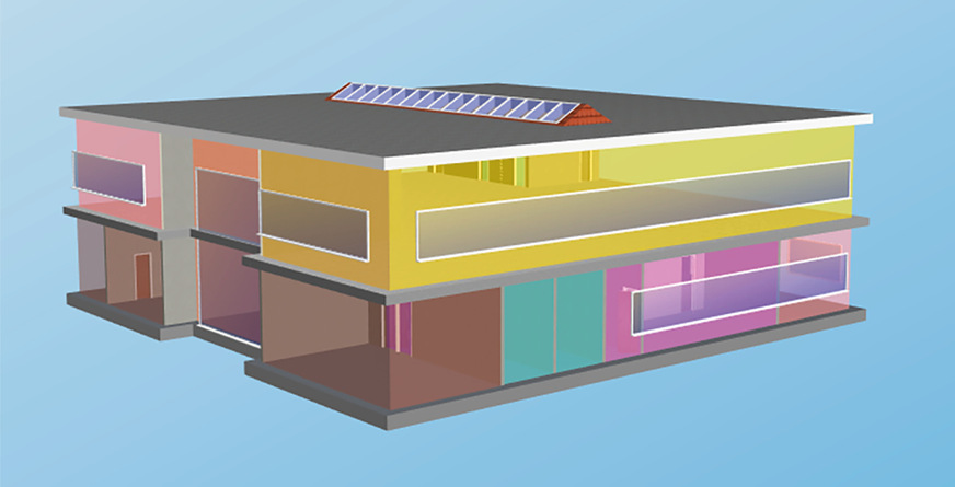 Das Nichtwohngebäude wurde zur Berechnung in acht Zonen eingeteilt. Räume mit ähnlicher Konditionierung und Nutzung sind zu einer Zone zusammengefasst.