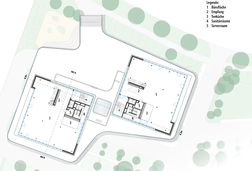 3 Die Grundrissstruktur der beiden Gebäude ist ab dem 1. Obergeschoss baugleich angelegt, jedoch um 180 Grad verdreht, Schnitt M 1:500.