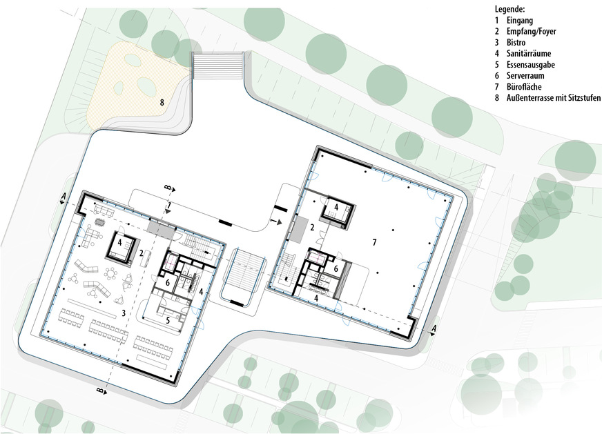 4 Beide Bürotürme werden jeweils separat erschlossen, Cube B enthält ein Bistro.Grundriss Erdgeschoss, M 1:500.