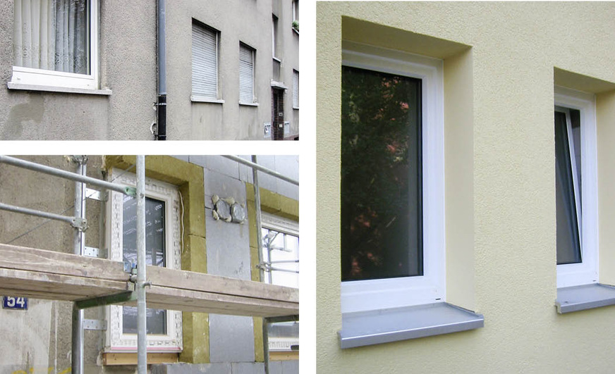 1 Vorgehensweise bei der Fenstermontage in der Dämmebene im Sanierungsfall: Nach dem Ausbau der alten Fenster wurden im Zuge der Fassadendämmung die neuen Fenster auf einen Holzrahmen aufgestellt und dann seitlich sowie oben mit Winkeln befestigt. Sämtliche Anschlüsse sind gut gelöst.
