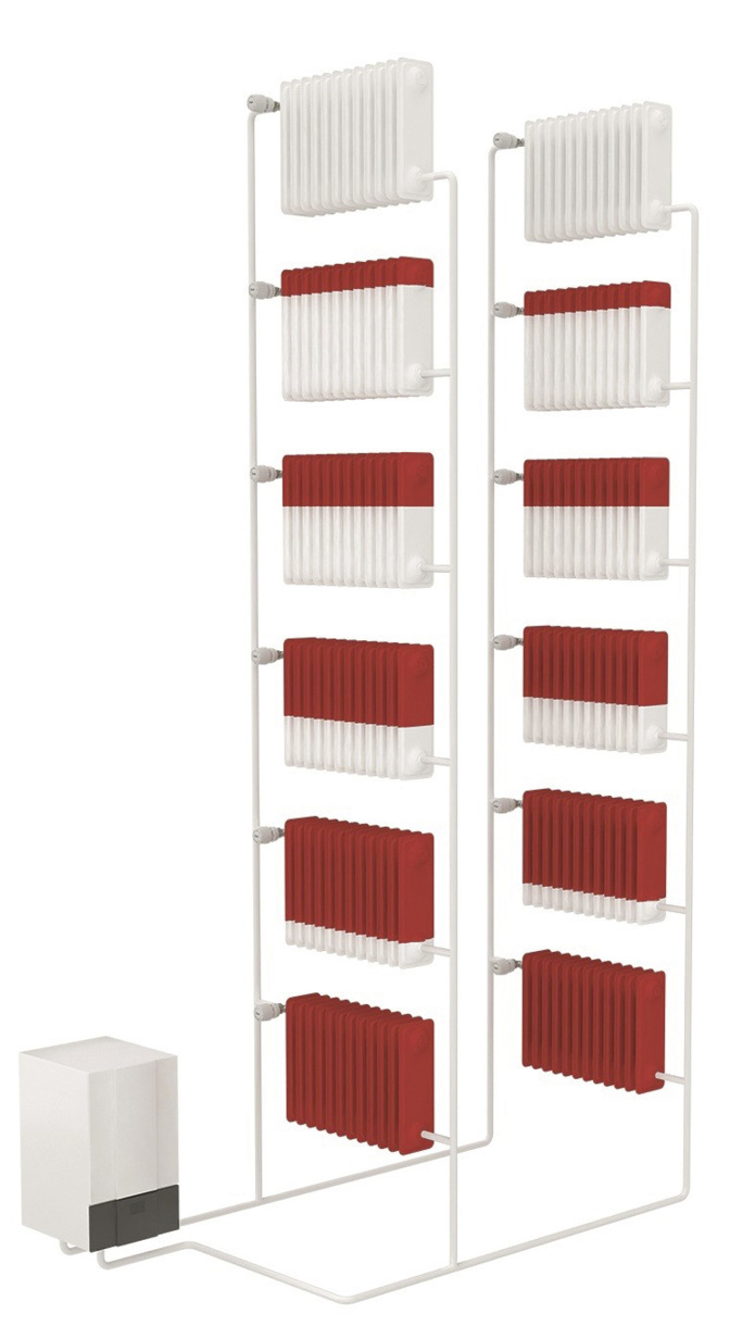 Hydraulisch nicht abgeglichenes Heizsystem: Die ­kesselnahen Heizkörper im Parterre durchfließt mehr warmes Wasser (rot) als ­nötig, im kesselfernen Ober­geschoss hingegen kommt zu wenig warmes Wasser an.