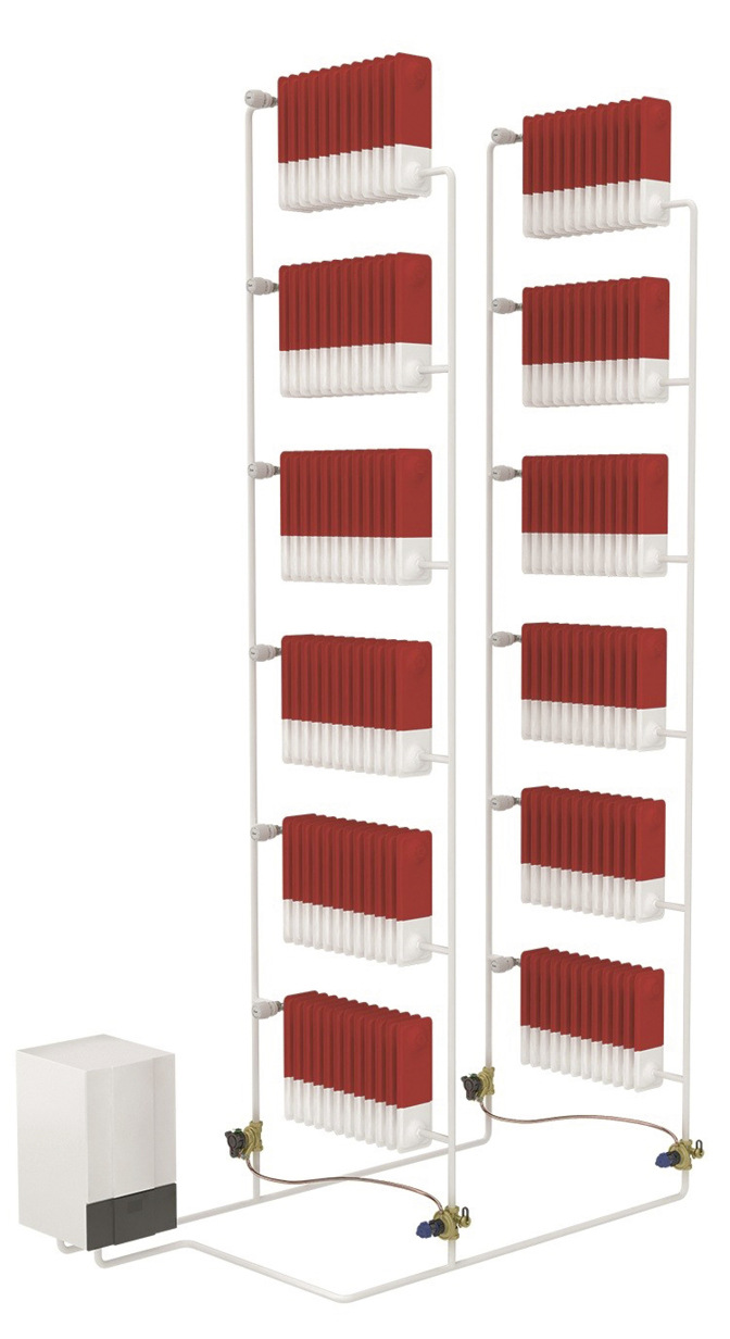 Heizsystem mit hydraulischem Abgleich: Drucksensible Regelventile an Rohrsystemen und Heizkörpern stellen sicher, dass zur richtigen Zeit am richtigen Ort stets die richtige Warmwassermenge (rot) vorhanden ist.