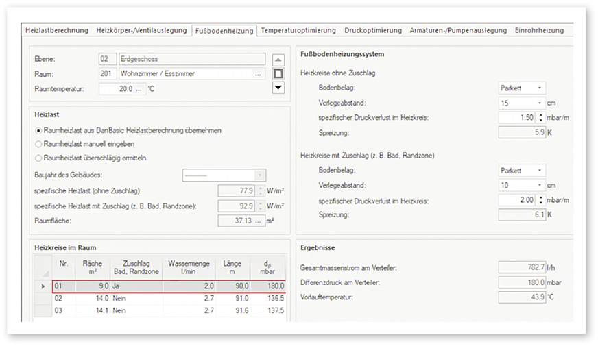 Beim Anschluss an Fernwärme oder bei der Installation einer Wärmepumpe ist ein hydraulischer Abgleich notwendig, um gute Systemwirkungsgrade zu erzielen. Die Berechnungssoftware DanBasic 7 erleichtert dies in kleineren bestehenden Wohngebäuden. Es gibt die Module Heizlast, Heizkörper/Ventilauslegung, Fußbodenheizung und Armaturenauslegung. Techniker:innen können darin auch unabhängig voneinander Werte eintragen. Das verbessert die Berechnungsergebnisse. Auch die Berechnung von Einrohranlagen ist damit möglich.