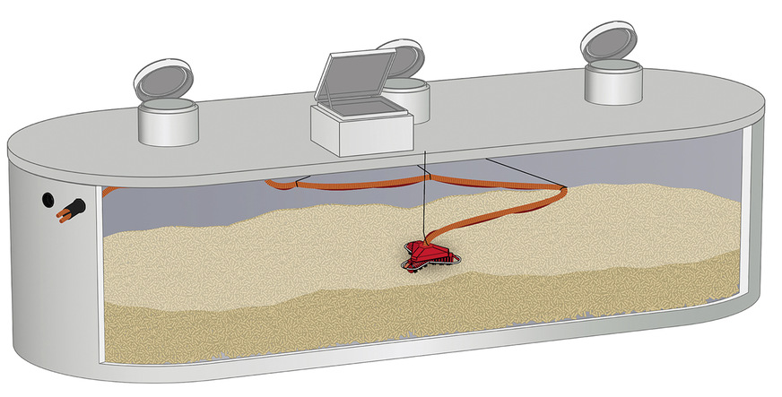 Mall bietet einen fugenlosen, ovalen Betonbehälter als Pelletslager an. In ihm lassen sich unterirdisch bis zu 40 Tonnen Brennstoff lagern. Das pneumatische Maulwurf-Entnahmesystem bewegt sich auf den Pellets, um sie abzusaugen.