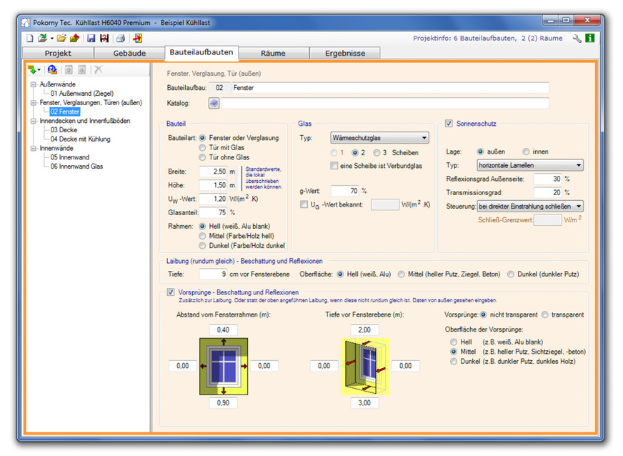 Einer Kühllast-Berechnung geht eine detaillierte Definition aller relevanten Gebäude-, Raum- und Bauteileigenschaften voraus. Dazu berücksichtigen die Programme bei Fenstern beispielsweise die Eigenverschattung, den Sonnenschutz und die Verglasung.