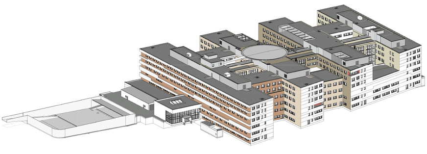 2 Die kammartig angelegte Grudrissstruktur des Klinikneubaus wird über eine verbindende Magistrale erschlossen, zentral in der Mitte auf dem Dach des Komplexes ist der Hubschrauberlandeplatz erkennbar.