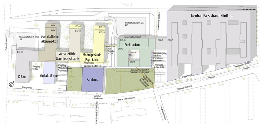 3 Der Lageplan zeigt das gesamte Klinikareal – ganz rechts der Neubau des Klinikums im Passivhaus-Standard.﻿