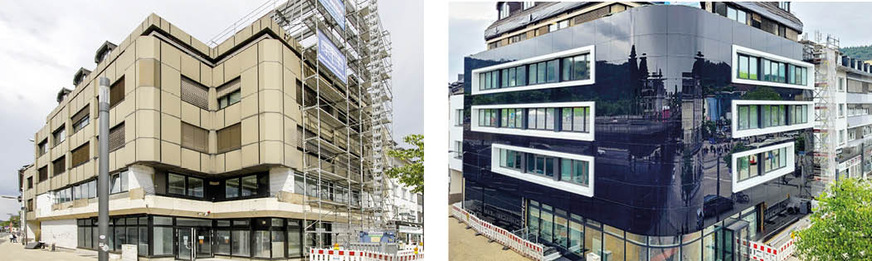 Bestandsbau mit Photovoltaik umgestaltet: Wo sich früher ein Gebäudeausschnitt war, rundet nun eine gewölbte Photovoltaikfassade die Stelle ab.