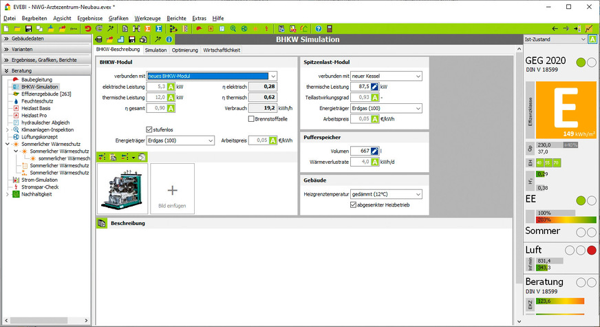 Manche Simulationsprogramme ermöglichen neben der Auswahl eines BHKW-­Moduls die Dateneingabe für Spitzenlastkessel, Pufferspeicher und Heizbetrieb.