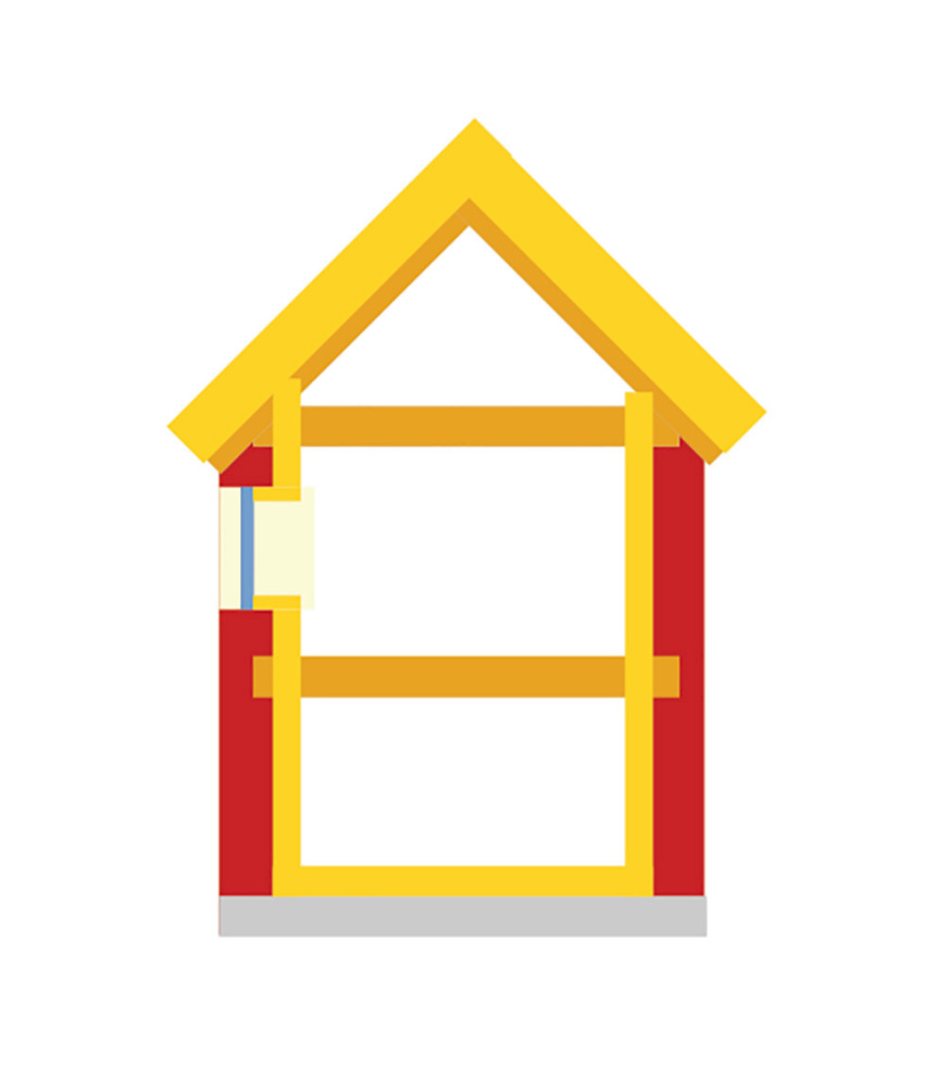 6 Prinzip-Skizze einer Altbausanierung mit Innendämmung. Gelb ist die neue Dämmschicht. Die Luftdichtheitsebene liegt konsequent innen. Das Fenster bleibt am alten Platz.