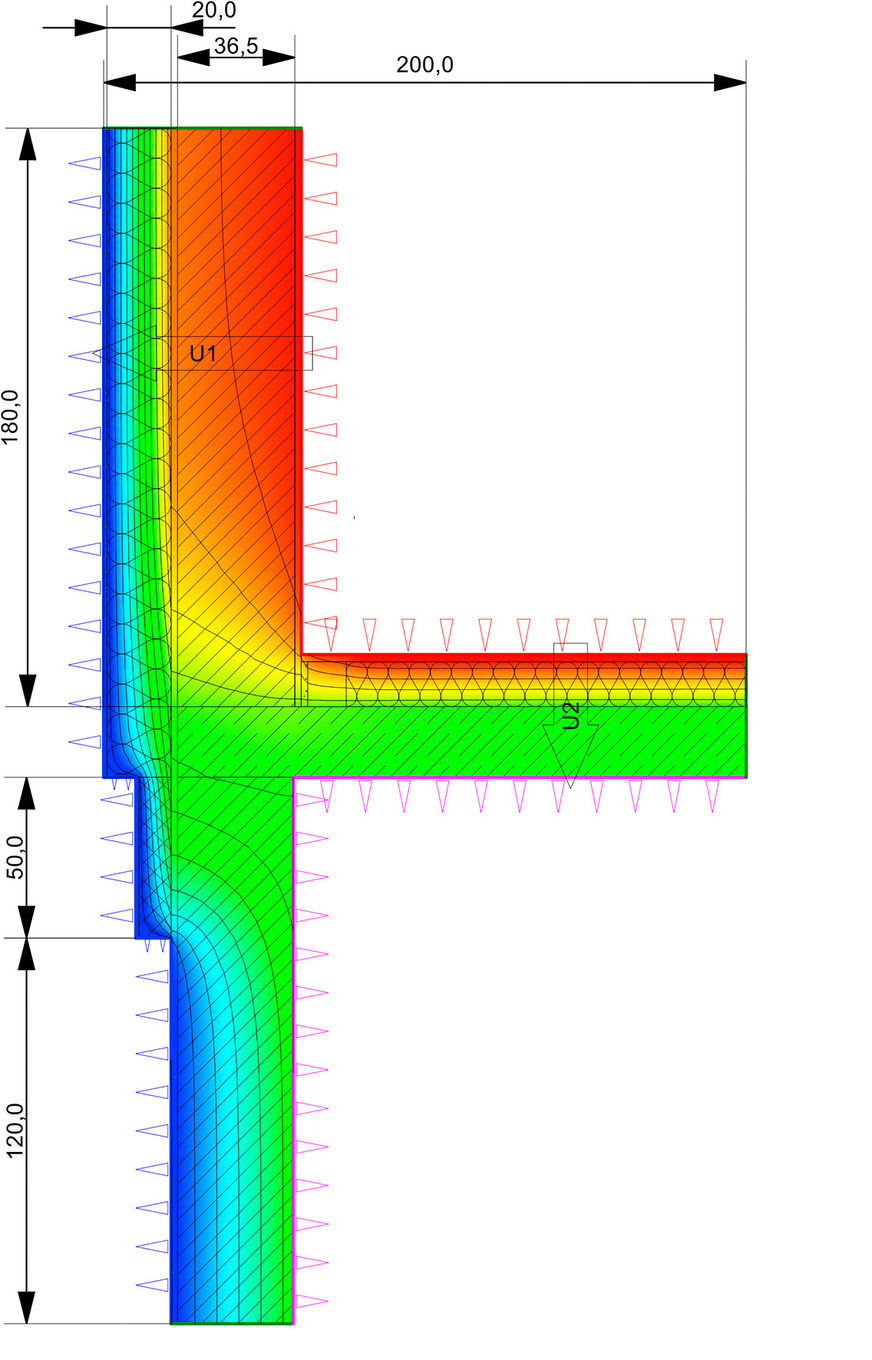 4 Sockelanschluss mit unbeheiztem Keller bei (nachträglicher) Außendämmung. Die Kellertempereratur beträgt gemäß Beiblatt, wenn die Projektwerte unbekannt sind, 10 °C, was einem Fg = 0,4 entspricht. Das Resultat: ψ = 0,661 (L2D) – 0,176 · 1 · 1,8 (Abzug Wand) – 0,247 · 0,4 · 2,0 (Abzug Kellerdecke) = 0,146 W/(mK). Dämmdicke des Fubodenaufbaus: 140 mm