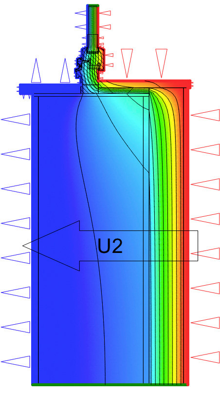 8 Detail einer Fensterbrüstung eines 36,5er Vollziegelmauerwerks (1800 kg/m³) mit 120 mm Holzfaser-Innendämmung. Die innere Fensterbank besteht aus 20 mm PU-Dämmung mit WLF 0,028 W/(mK) und 20 mm Holzfensterbank. Der ψ-Wert ergibt sich entsprechend dem vorgeschriebenen Berechnungsverfahren mit detailliertem Fenster zu ψdet = L 2D, Detail gesamt – lAW · UAW – L2D, Fenster · lFenster+Einbaufuge / lFenster = 0,735 – 1 · 0,272 – 0,347 · 0,51/0,50 = 0,109 W/(mK). Eine Sanierung mit Innendämmung und pauschalem ΔUWB = 0,03 W/(m²K) ist demnach machbar.
