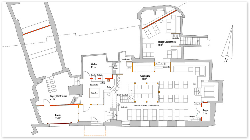 2 Grundriss des Erdgeschosses mit der Gastronomie, M 1:200. Hinter der roten Wand (rechts) ist der Felsenkeller erkennbar.