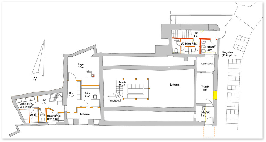 3 Zwischengeschoss mit Galerie vom Gastraum mit Büros und Zugang zum Biergarten, M 1:200