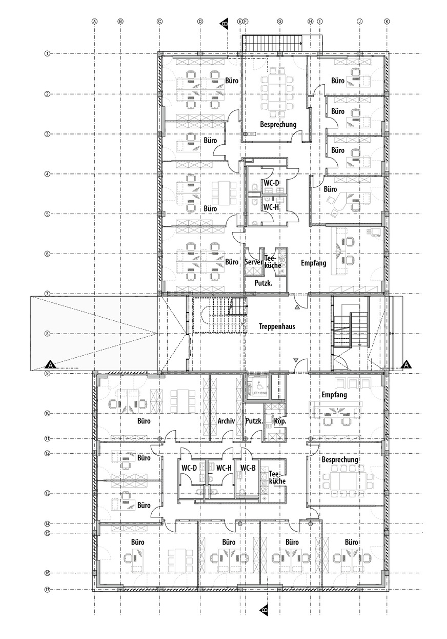 2 Grundriss des Erdgeschosses mit zwei Büroeinheiten, M 1:300