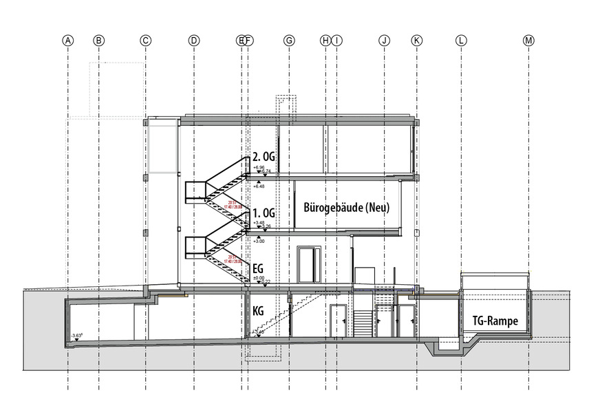 3 Schnitt A-A durch das Bürogebäude, M 1:300