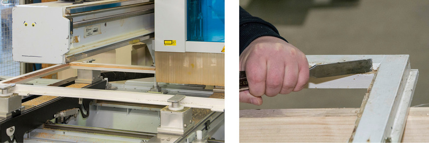 7, 8 Die Fräse vertieft ringsum den Glasfalz auf das erforderliche Maß, nur die Ecken müssen noch nachgestochen werden.