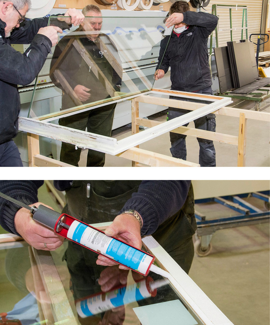 9, 10 Die Passgenauigkeit der Vakuumverglasung wird geprüft. Passt alles, wird anschließend ein schnell aushärtender Reparaturkitt eingebracht und dann die Scheibe eingesetzt.