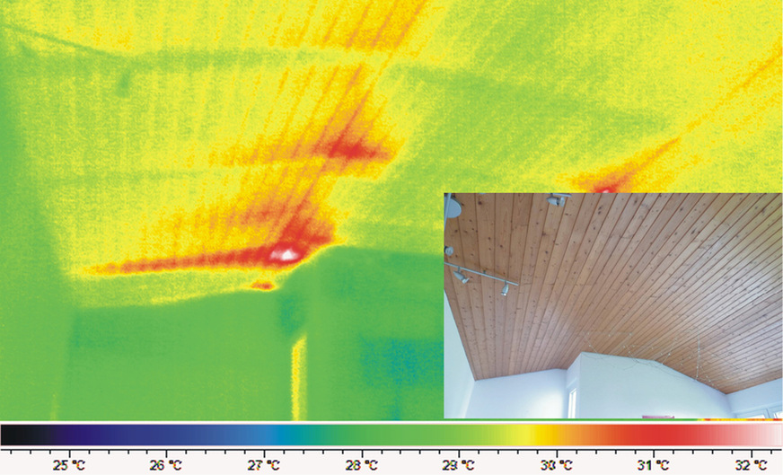 Bauthermografische Untersuchungen sollten zwar am besten im Winter, in den frühen Morgenstunden und bei bewölktem Himmel durchgeführt werden. Allerdings lassen sich IR-Kameras auch im Sommer einsetzen. Dämmprobleme macht in diesem Fall eine durch Sonnenstrahlung angeregte Dachkonstruktion sichtbar.