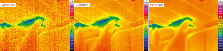 Über die Bildqualität und Messgenauigkeit entscheiden technische Kameraparameter, wie die IR-Auflösung des Detektors sowie die geometrische und thermische Auflösung (NETD von links: 80, 50, 30 mK).
