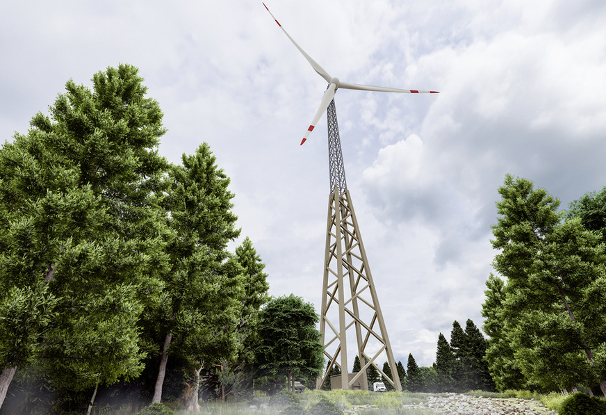 So soll der Hybridturm aus Stahl- und Holzgittermast von Hasslacher aussehen.