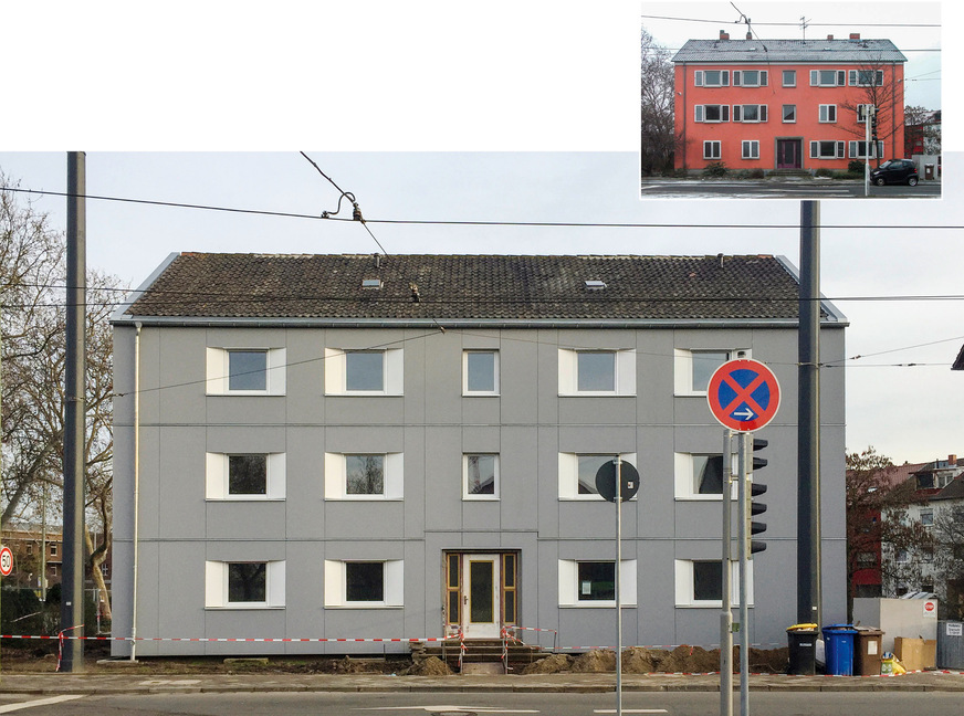 3 Suffizienter Umbau eines 50er-Jahre-Mehrfamilienhauses in Ludwigshafen, bei dem kleinere und flexiblere Wohneinheiten entstanden.  Das kleine Bild zeigt die ursprüngliche Außenansicht.
