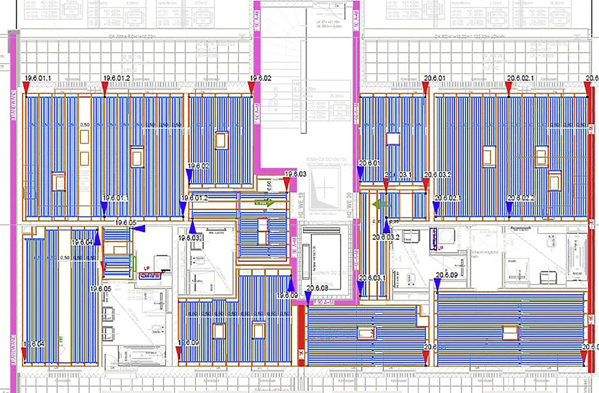 Verlegeplan für ein Kühldeckensystem in einer Dachgeschosswohnung