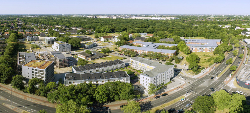 Fast die Hälfte der Gebäude im Gebiet Stadtleben Ellener Hof sind mittlerweile fertig. Das Gelände gehört der Bremer Heinstiftung, die Baufelder werden von unterschiedlichen Akteuren bebaut, darunter auch die Bremer Wohnungsbaugesellschaft Gewoba.