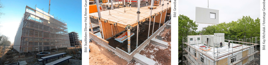 Bei den Gebäuden des Bremer Punkts (rechts) arbeitet die Gewoba mit Wandtafeln, die vorgefertigt sind. Bei dem Projekt im Ellener Hof (links und Mitte) kommen Einzelbauteile zum Einsatz, die mit vordefinierten Schraub- und Steckverbindungen verbunden werden. Das erleichert die Umnutzung und den Rückbau.