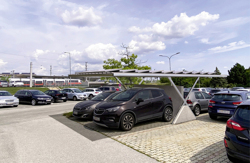 Grundelement des Sunxport von Energetica ist ein Betonquader, an dem seitlich die Stützen angebracht sind.