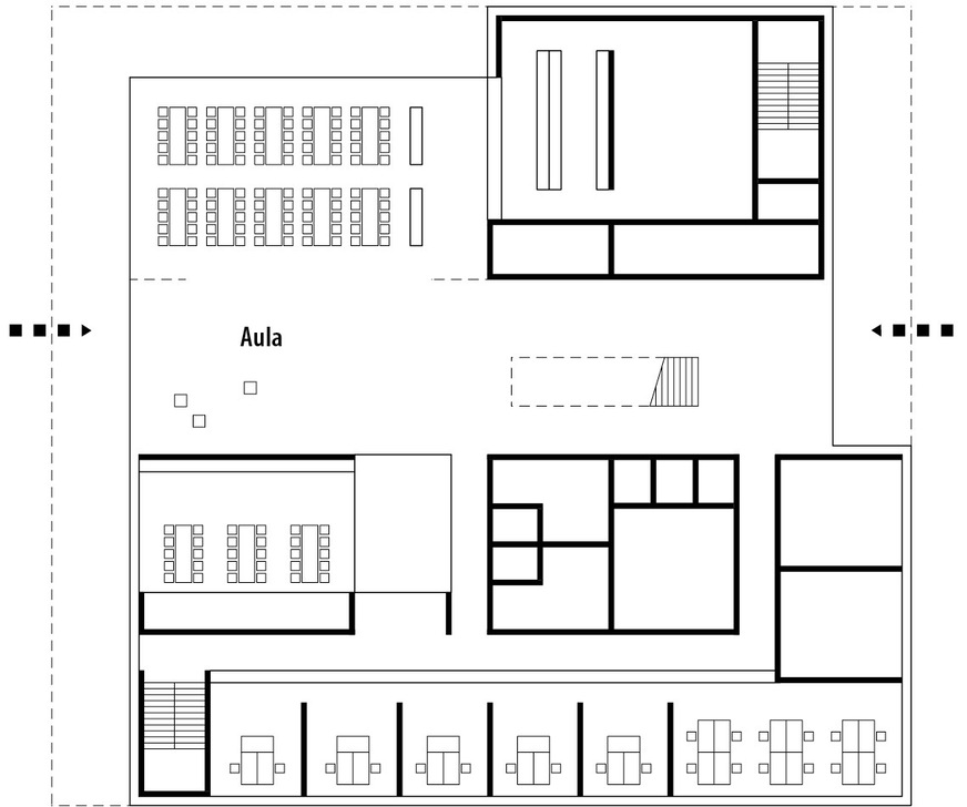 3 Die Cluster-Schule wird von zwei Seiten erschlossen; im Erdgeschoss können Foyer und Mensa zu einem Veranstaltungsraum kombiniert werden, Grundriss EG, M 1:500﻿