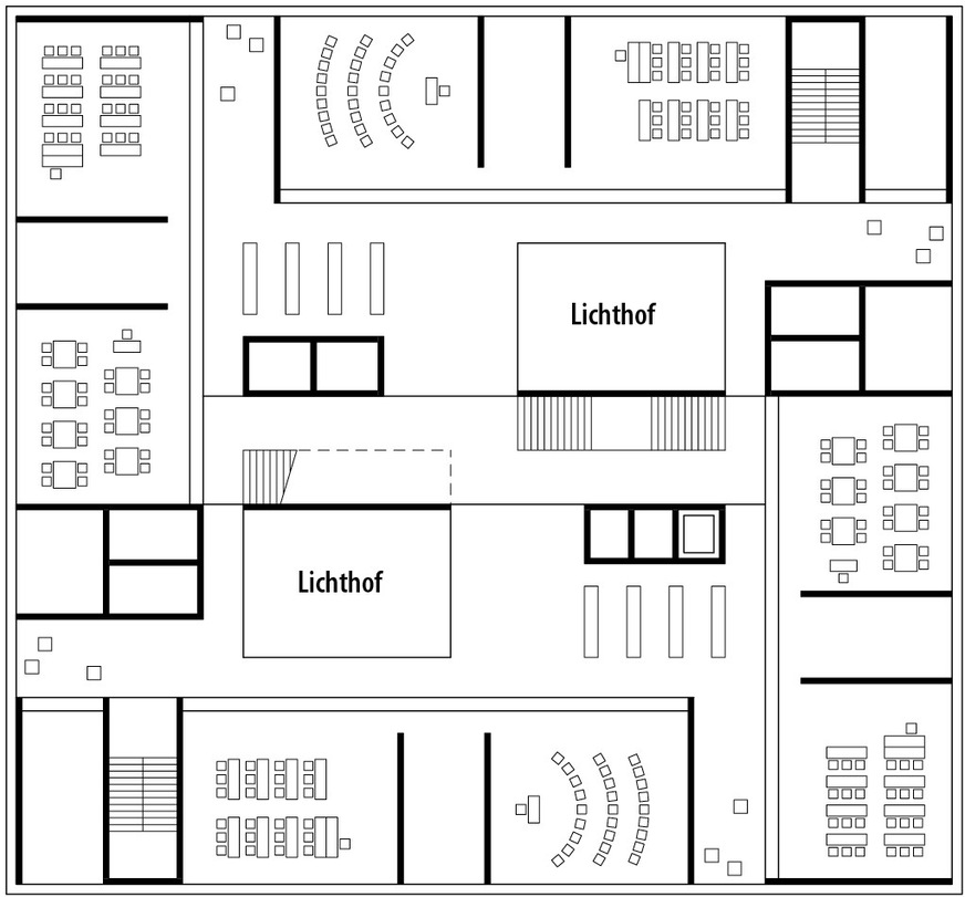 4 Vier offene Cluster-Zonen statt langer Flure und taghelle Innenbereiche dank zweier Lichthöfe, Grundriss OG, M 1:500﻿