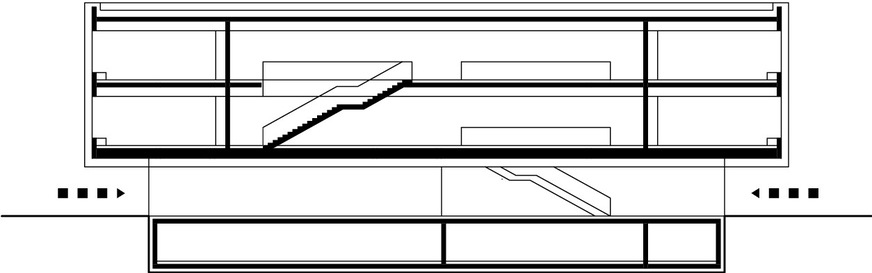 5 Die beiden auskragenden Obergeschosse ermöglichen überdachte Pausenbereiche und gleichen durch die Dachbegrünung die durch den Neubau versiegelte Fläche aus, Schnitt, M 1:500