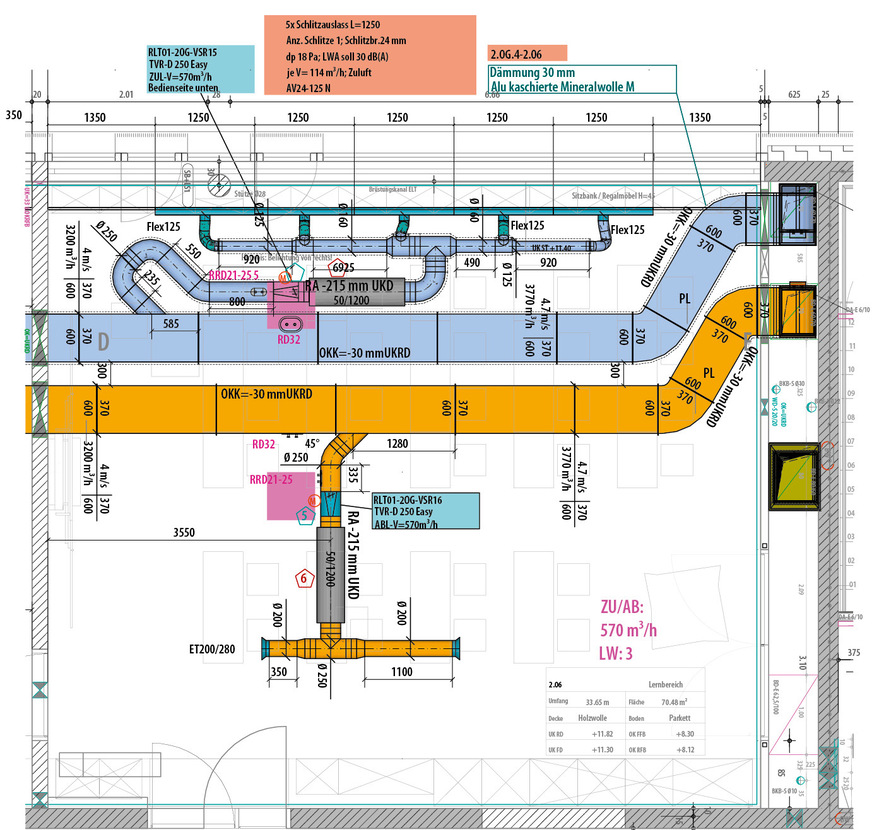 9 Detail der Lüftungsplanung – entlang der Fassade gelangt die Frischluft über Schlitzdurchlässe in die Klassenzimmer.